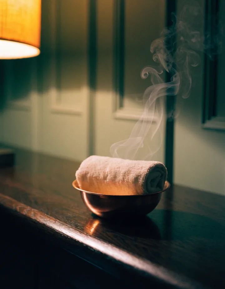 Smotan vreo peškir koji se puši u bakarnoj činiji pored lampe
